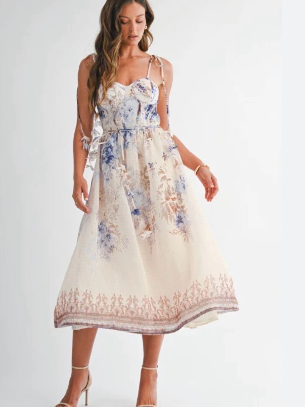 NWT Floral Tie-Shoulder Midi Dress in Cream and Blue